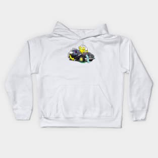 Dope mask cartoon man hugging a vintage car illustration Kids Hoodie